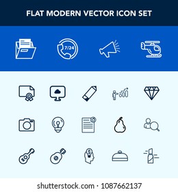 Modern, simple vector icon set with loud, electricity, jewelry, file, paper, energy, equipment, gem, pencil, speaker, success, sound, diamond, office, blank, diploma, transportation, camera, air icons