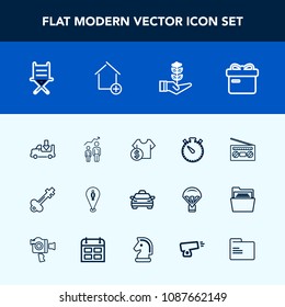 Modern, simple vector icon set with gift, transport, growth, timer, record, vintage, old, cost, lorry, travel, furniture, box, door, development, success, vehicle, transportation, shop, radio icons