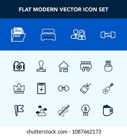 Modern, simple vector icon set with sign, office, glasses, bed, business, folder, download, fitness, royal, stamp, photography, watch, architecture, blank, estate, photo, gym, queen, crown, team icons