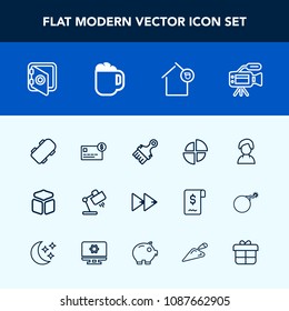 Modern, simple vector icon set with landlord, music, card, owner, drink, microphone, safety, lens, audio, person, money, human, profile, rewind, player, banking, house, business, safe, pie, lamp icons