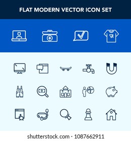 Modern, simple vector icon set with kit, message, print, work, internet, field, video, tap, box, display, science, find, tshirt, clothing, communication, uniform, architecture, concept, speech icons
