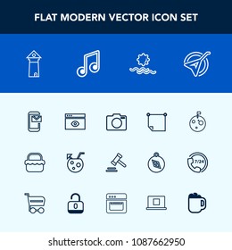 Modern, simple vector icon set with musical, cocktail, planet, stick, string, glass, legal, flag, web, phone, photo, paper, instrument, europe, office, technology, camera, internet, summer, moon icons
