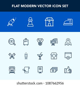 Modern, simple vector icon set with tripod, map, summer, water, find, trip, travel, paddle, prize, sky, glass, cocktail, luggage, pin, canoe, ironing, lens, oar, housework, astronomy, london icons