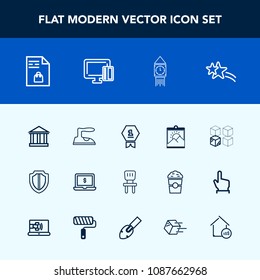 Modern, simple vector icon set with relocation, shiny, photo, tourism, housework, star, package, cardboard, award, london, place, market, computer, blank, list, achievement, chair, protection icons