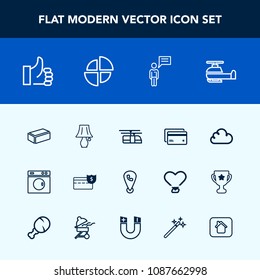 Modern, simple vector icon set with blue, money, material, plastic, bank, helicopter, lamp, air, clean, equipment, good, chart, cash, rail, transport, person, business, transportation, debit, up icons
