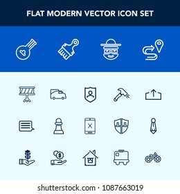 Modern, simple vector icon set with cycle, instrument, string, folk, shovel, shield, web, upload, message, chessboard, bike, bicycle, vehicle, drum, subscription, download, construction, cord,  icons