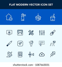Modern, simple vector icon set with jug, pottery, online, pencil, communication, home, arrow, cloud, equipment, lighthouse, email, celebration, message, vase, stationery, shovel, house, estate icons