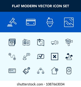 Modern, simple vector icon set with lawyer, card, point, wireless, justice, equipment, money, handle, legal, courthouse, radio, pin, restroom, scenery, book, position, person, map, megaphone, wc icons