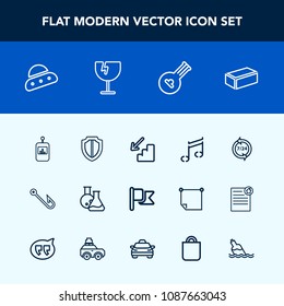 Modern, simple vector icon set with music, folk, operator, musical, fishing, space, security, construction, support, technology, remote, ship, hook, equipment, spaceship, laboratory, nation, up icons