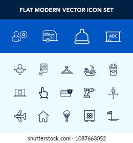Modern, simple vector icon set with road, button, cash, head, modern, profile, war, place, internet, cup, cafe, hat, clothing, drink, military, coffee, coin, chalkboard, hanger, shop, background icons