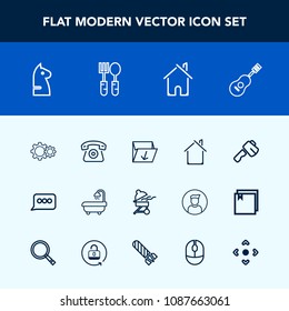 Modern, simple vector icon set with meat, waste, sound, rubbish, architecture, bbq, chess, construction, box, tool, cell, telephone, mobile, chessboard, white, home, speech, bathroom, strategy icons