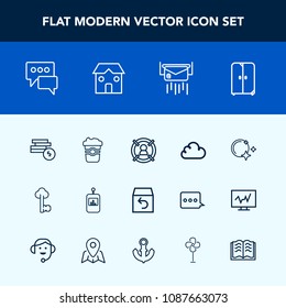 Modern, simple vector icon set with control, lock, money, night, cupboard, message, delivery, television, interior, key, business, star, coin, mail, bank, remote, order, target, bubble, metal icons