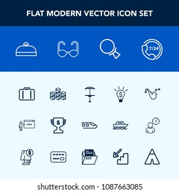 Modern, simple vector icon set with light, storehouse, storage, bar, warehouse, table, trumpet, find, achievement, fashion, cafe, airport, go, idea, distribution, internet, suitcase, service icons