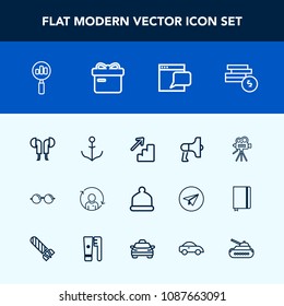 Modern, simple vector icon set with profile, eye, movie, eyeglasses, downstairs, cash, business, helm, head, headset, announcement, rudder, quality, wheel, music, fashion, audio, tripod, bank icons