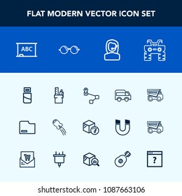 Modern, simple vector icon set with extreme, computer, cable, stationery, vehicle, atv, truck, black, craft, dirt, plug, box, space, move, business, package, technology, navigation, tipper, map icons