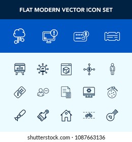 Modern, simple vector icon set with user, dollar, online, card, entertainment, account, music, ticket, computer, row, cloud, business, man, display, bank, monitor, male, game, white, play, sign icons