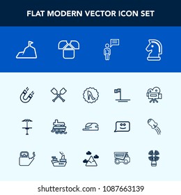 Modern, simple vector icon set with person, fashion, light, science, field, nature, cap, horse, hat, game, beach, chessboard, baja, camera, tshirt, movie, canoe, tripod, retro, water, magnetic icons