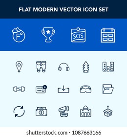 Modern, simple vector icon set with money, music, forest, sign, location, sack, winner, label, finance, equipment, scale, thermometer, pin, tree, play, optical, view, time, workout, timetable icons