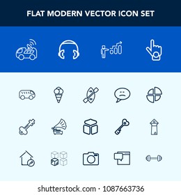 Modern, simple vector icon set with ball, gesture, boat, retro, bubble, success, vintage, message, cube, technology, development, sign, vehicle, dessert, bus, oar, index, lock, record, car, hand icons