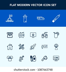 Modern, simple vector icon set with real, life, stationery, telephone, buoy, office, architecture, phone, launch, science, video, train, call, online, house, pencil, water, space, technology, tv icons