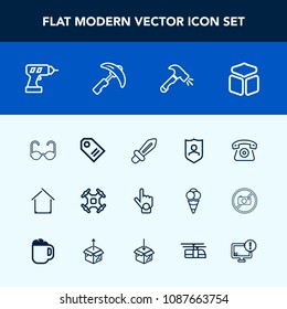 Modern, simple vector icon set with security, gesture, shield, aerial, square, machine, telephone, helicopter, construction, architecture, technology, cell, index, control, picking, industry icons