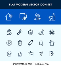 Modern, simple vector icon set with pen, satellite, vehicle, pencil, recycling, house, bin, technology, control, aerial, face, information, red, fashion, data, utensil, drone, lady, owner, style icons