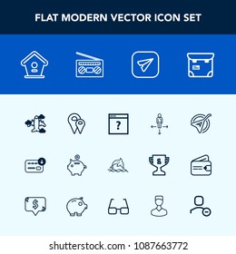 Modern, simple vector icon set with animal, map, pin, wildlife, aircraft, musical, instrument, sign, investment, birdhouse, radio, people, bag, home, direction, plane, location, wooden, folk icons