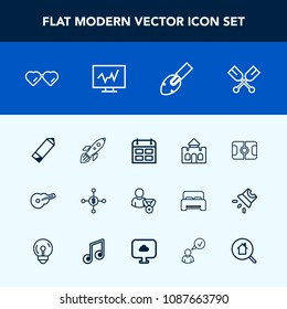 Modern, simple vector icon set with sport, guitar, football, tower, shuttle, launch, boat, online, time, pitch, pencil, music, schedule, oar, sunglasses, dollar, glasses, construction, canoe icons