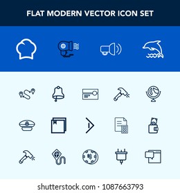 Modern, simple vector icon set with fan, chief, cap, globe, global, stereo, planet, tape, right, music, megaphone, cassette, navy, animal, captain, hat, chef, shovel, electric, destination, map icons