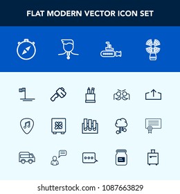 Modern, simple vector icon set with compass, boat, party, security, lock, screwdriver, medicine, white, education, stationery, box, baja, mexico, upload, seamark, download, carnival, festival icons