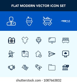Modern, simple vector icon set with pc, bed, microphone, barbecue, model, people, camera, girl, voice, business, hobby, cooking, employer, cute, travel, house, road, real, hit, map, grill, job icons