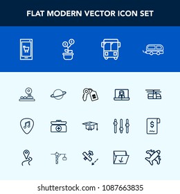 Modern, simple vector icon set with aid, bus, train, blue, speed, musical, astronomy, button, cross, transportation, communication, sign, technology, online, mobile, house, transport, call, app icons