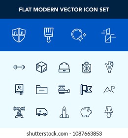 Modern, simple vector icon set with document, sale, moon, office, protection, business, helicopter, tag, red, packaging, workout, jug, air, file, makeup, shield, decoration, price, book, cap icons
