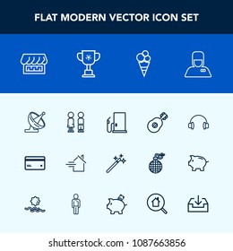 Modern, simple vector icon set with petrol, property, stereo, bellhop, music, magician, dessert, money, rent, hotel, gas, white, house, debit, home, service, guitar, gasoline, antenna, audio icons