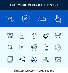 Modern, simple vector icon set with finance, property, arrow, message, mail, shield, transportation, bulb, estate, button, finger, medal, technology, protect, home, , envelope, online, letter icons