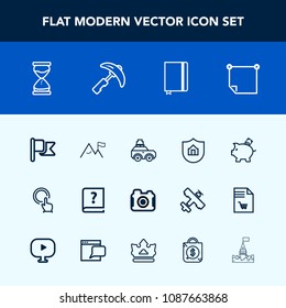 Modern, simple vector icon set with house, graphic, note, national, america, old, message, camera, hand, button, hourglass, protect, office, suitcase, bag, pen, luggage, clock, coin, travel, car icons