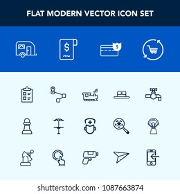 Modern, simple vector icon set with medical, shop, list, game, pub, train, tick, retail, doctor, vehicle, money, location, van, trolley, chess, railway, surgeon, point, sink, strategy, cash, bar icons