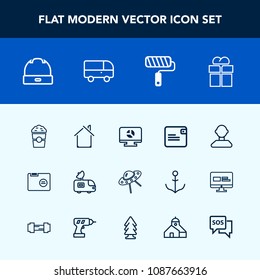 Modern, simple vector icon set with blank, box, folder, present, coffee, gift, television, antenna, package, infographic, spaceship, hat, internet, wallet, profile, spacecraft, purse, head, roll icons