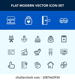 Modern, simple vector icon set with chair, bag, home, property, nautical, sign, tomato, food, blank, leather, web, anchor, seat, boxing, competition, sea, increase, fight, object, fashion, boat icons