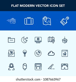Modern, simple vector icon set with sitting, file, package, parachute, star, folder, jump, brush, pin, travel, template, document, retail, parachuting, location, setting, paint, circle, phone icons
