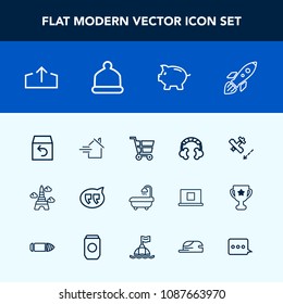 Modern, simple vector icon set with chat, bubble, shipping, shuttle, web, order, upload, technology, rent, aircraft, flight, retail, rocket, house, bathroom, modern, box, money, launch, estate icons