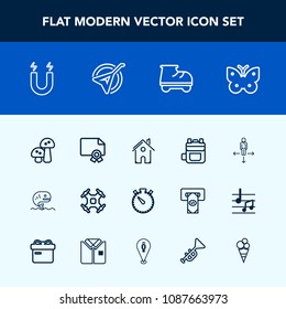 Modern, simple vector icon set with backpack, sea, clock, travel, aerial, butterfly, rucksack, science, place, insect, fly, achievement, watch, house, award, home, frame, pole, drone, fish, road icons
