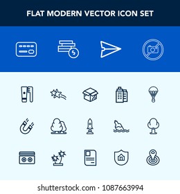 Modern, simple vector icon set with environment, rocket, health, craft, parachute, balance, spaceship, cardboard, jump, space, shiny, card, hygiene, nature, house, estate, science, tree, falling icons