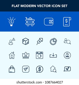 Modern, simple vector icon set with sale, graph, product, clean, equipment, alarm, laundry, network, package, festival, queen, packaging, internet, estate, service, architecture, box, pie, web icons