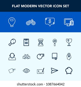 Modern, simple vector icon set with glass, chicken, food, magnifying, sand, crash, whistle, hour, box, holiday, team, timer, celebration, clock, sign, shopping, service, business, shipping, card icons