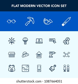Modern, simple vector icon set with mushroom, office, nature, white, internet, musical, button, eyeglasses, jazz, curtain, optical, supermarket, bugle, communication, stationery, call, eyesight icons