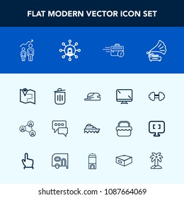 Modern, simple vector icon set with business, map, recycling, development, record, hat, display, bin, white, chat, can, progress, location, ship, growth, travel, computer, fashion, bubble, music icons