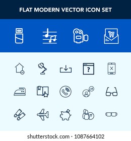 Modern, simple vector icon set with clothes, list, business, cord, camera, phone, ironing, bill, handle, connection, ring, call, electricity, unknown, interior, lamp, sign, download, book, light icons