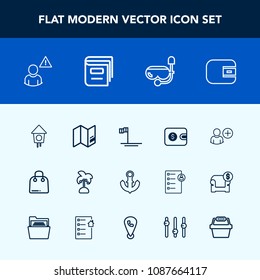 Modern, simple vector icon set with sea, sign, wallet, bird, nature, house, purse, profile, summer, world, alarm, palm, blue, cash, finance, mask, boat, book, buy, leaf, nautical, snorkel, beach icons