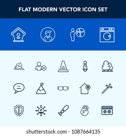Modern, simple vector icon set with profile, presentation, fashion, ladder, tree, male, birdhouse, sky, glasses, home, animal, status, social, house, wildlife, laundry, equipment, meeting, ocean icons